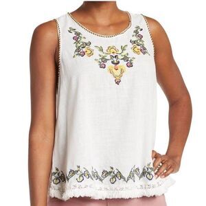 Max Studio Women's White, Blue & Red Floral Embroidered Cotton Tank Top NEW